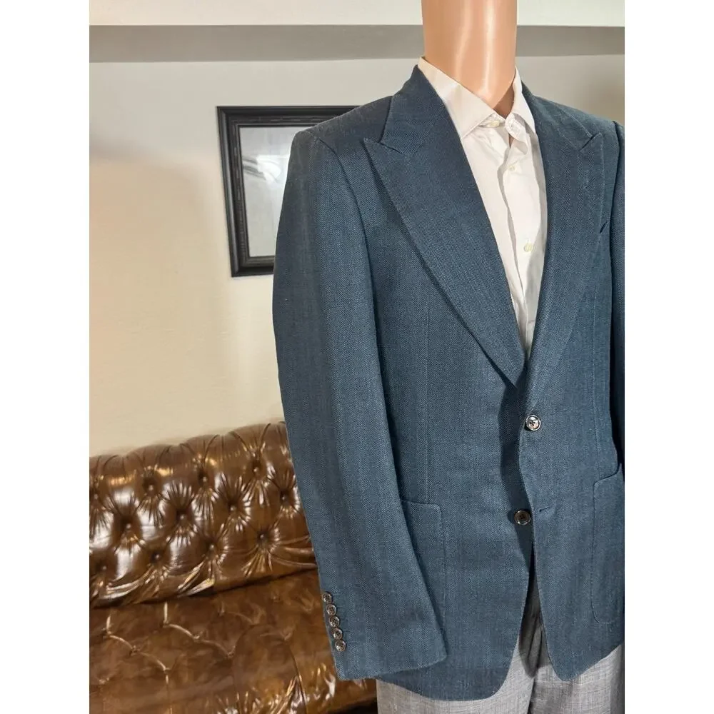 Tom Ford Teal Herringbone Silk Mohair Blazer Sportcoat 40R Peak Lapel Windsor